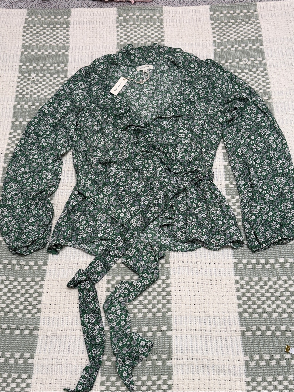 Max Studio Green Floral Wrap Blouse with Ruffle Trim